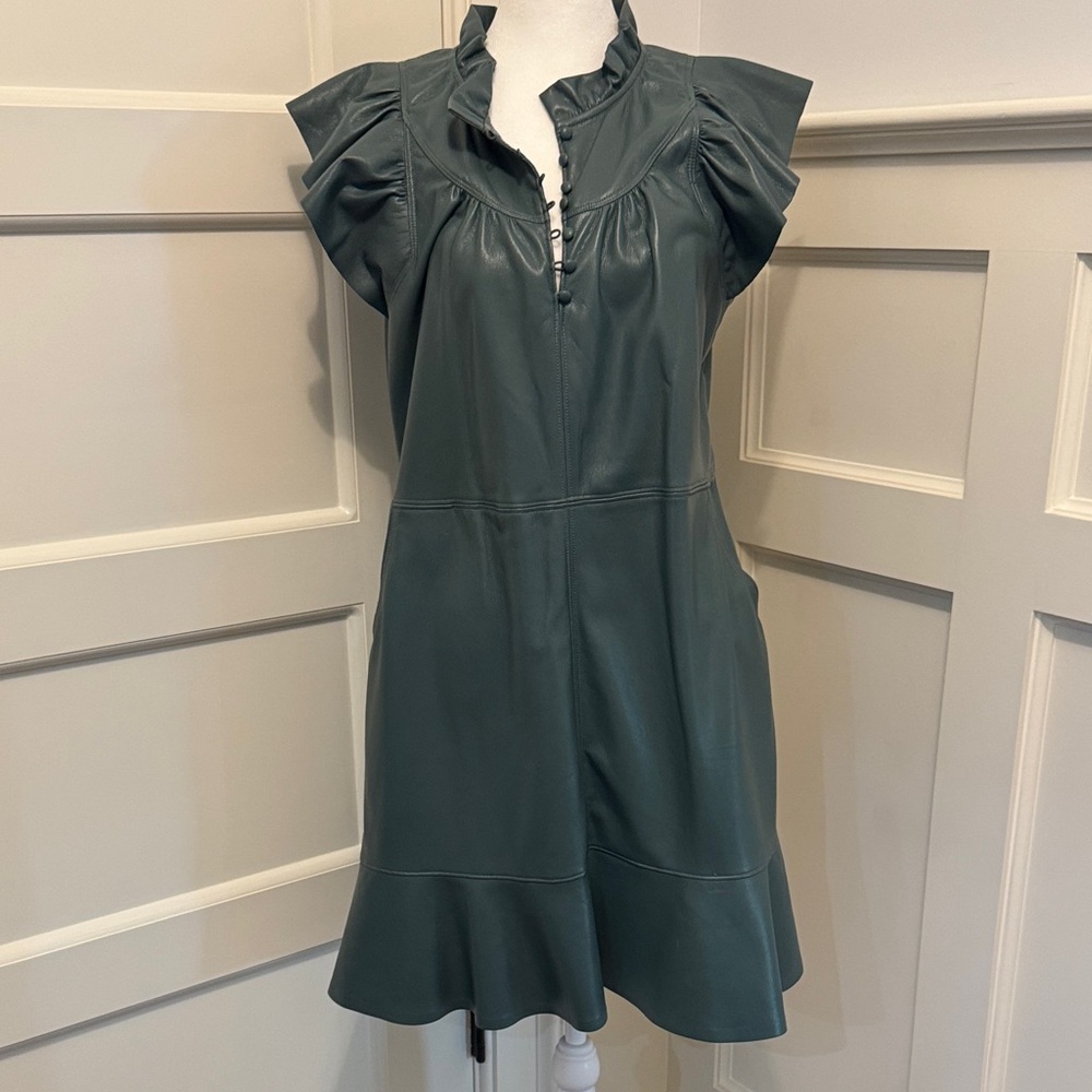 Elegant Green Ruffled Dress- faux leather